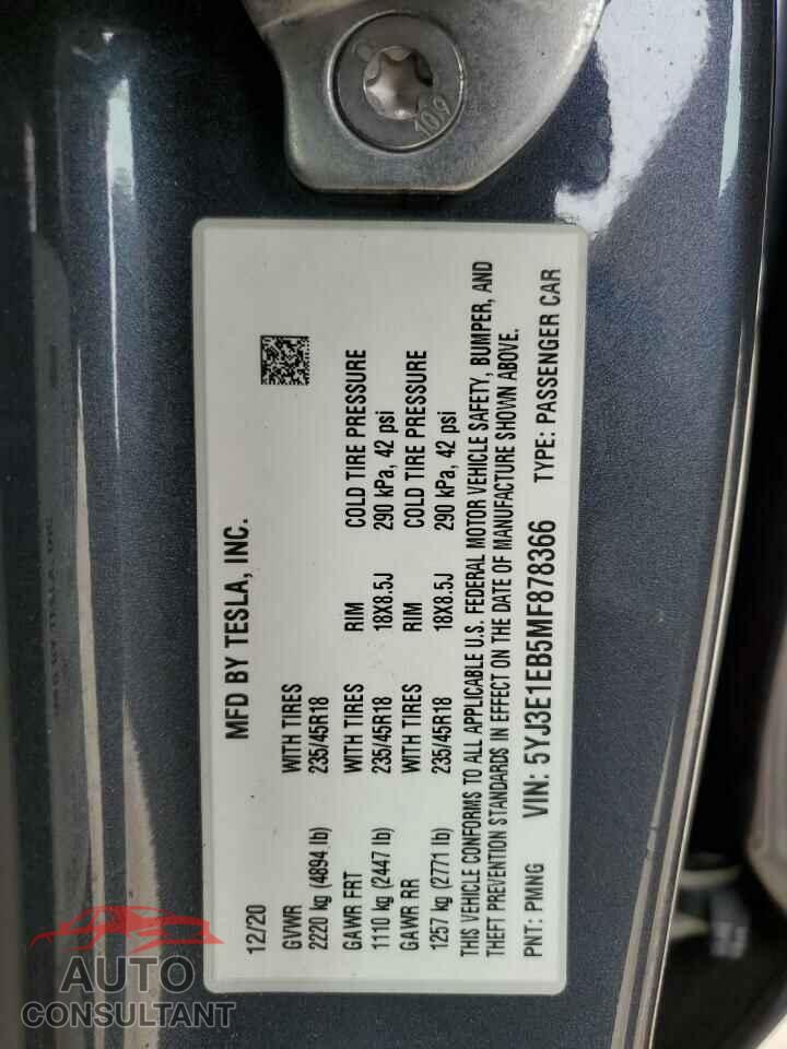 TESLA MODEL 3 2021 - 5YJ3E1EB5MF878366