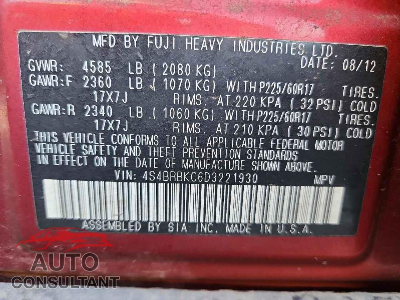 SUBARU OUTBACK 2013 - 4S4BRBKC6D3221930