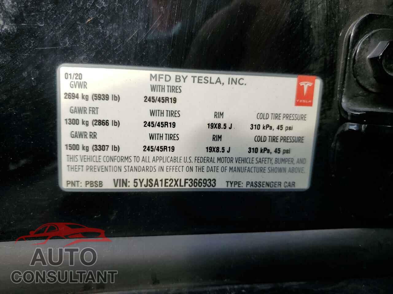 TESLA MODEL S 2020 - 5YJSA1E2XLF366933