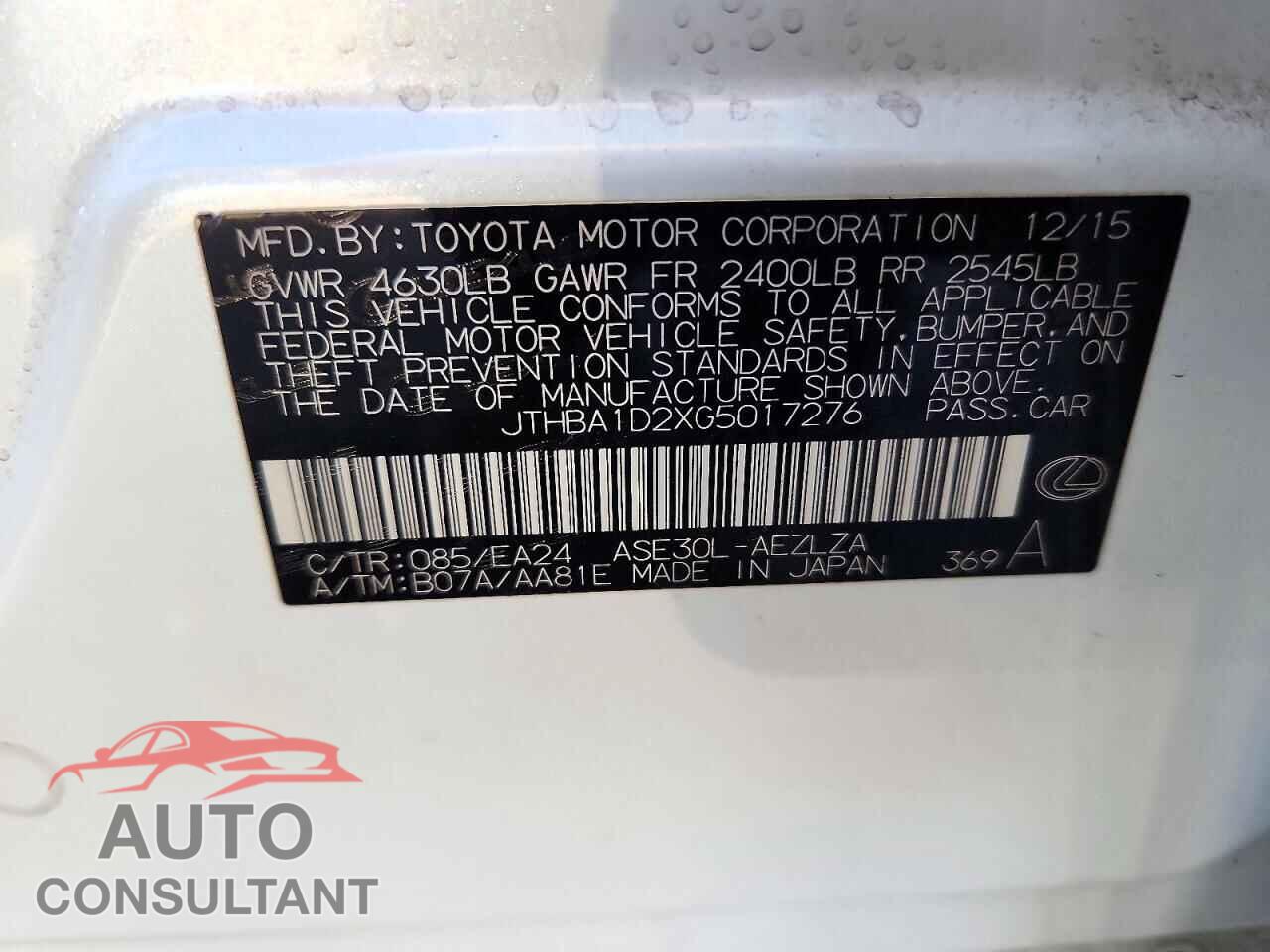 LEXUS IS 2016 - JTHBA1D2XG5017276