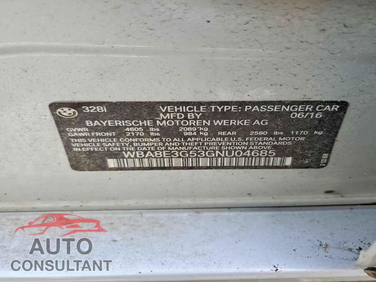 BMW 3 SERIES 2016 - WBA8E3G53GNU04685