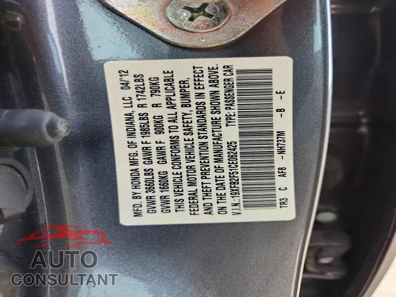 HONDA CIVIC 2012 - 19XFB2F51CE062425