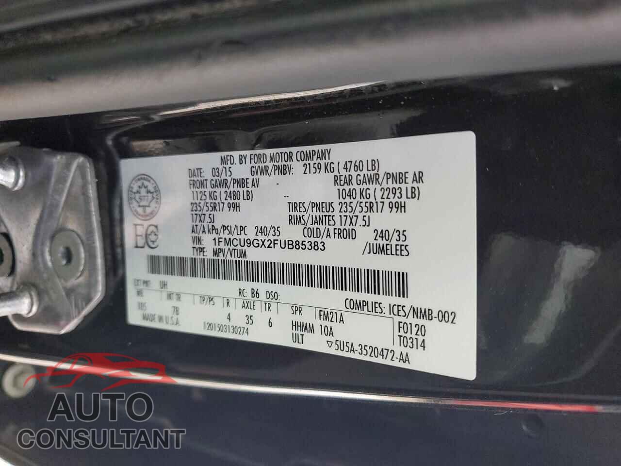 FORD ESCAPE 2015 - 1FMCU9GX2FUB85383