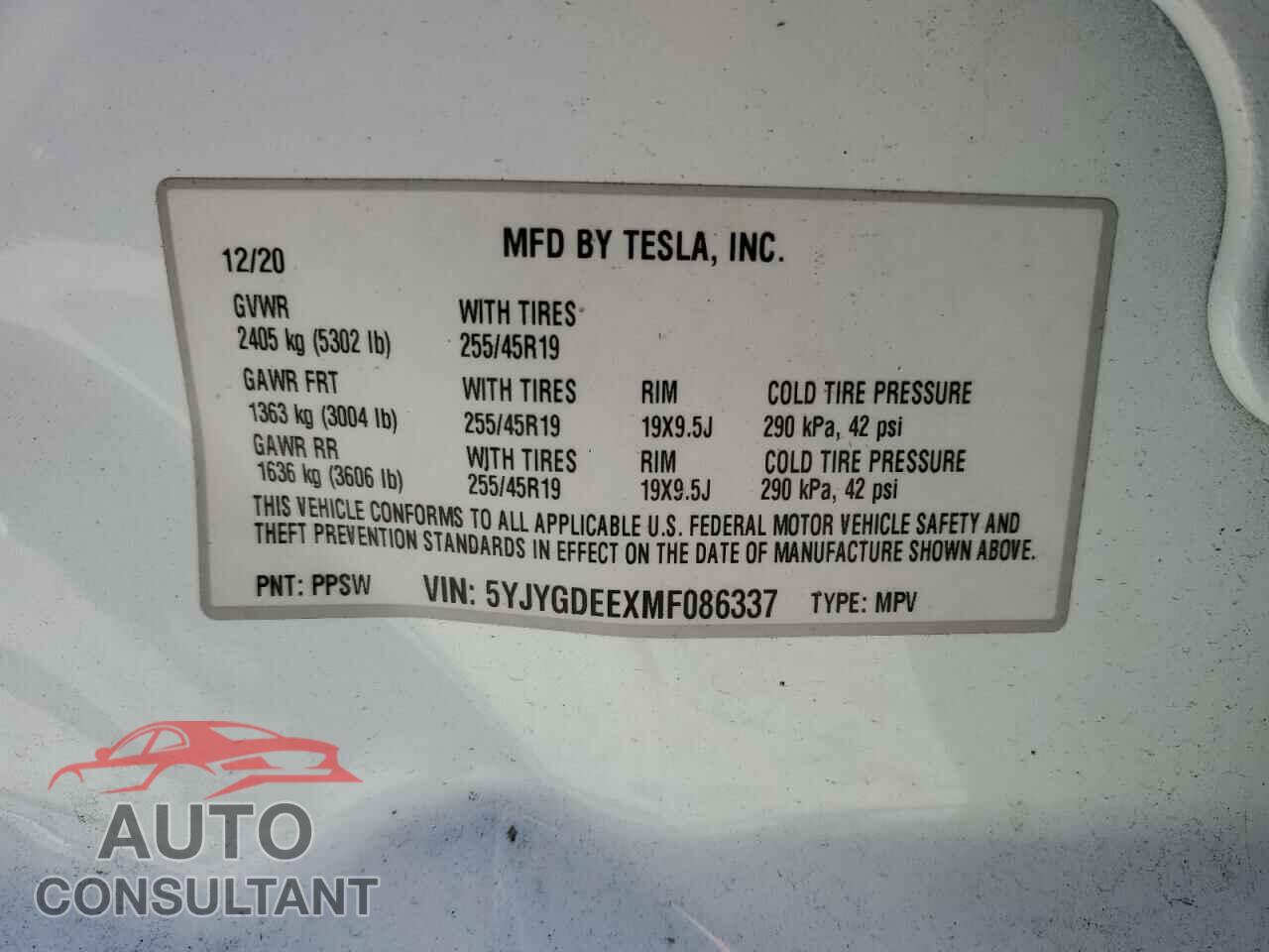 TESLA MODEL Y 2021 - 5YJYGDEEXMF086337