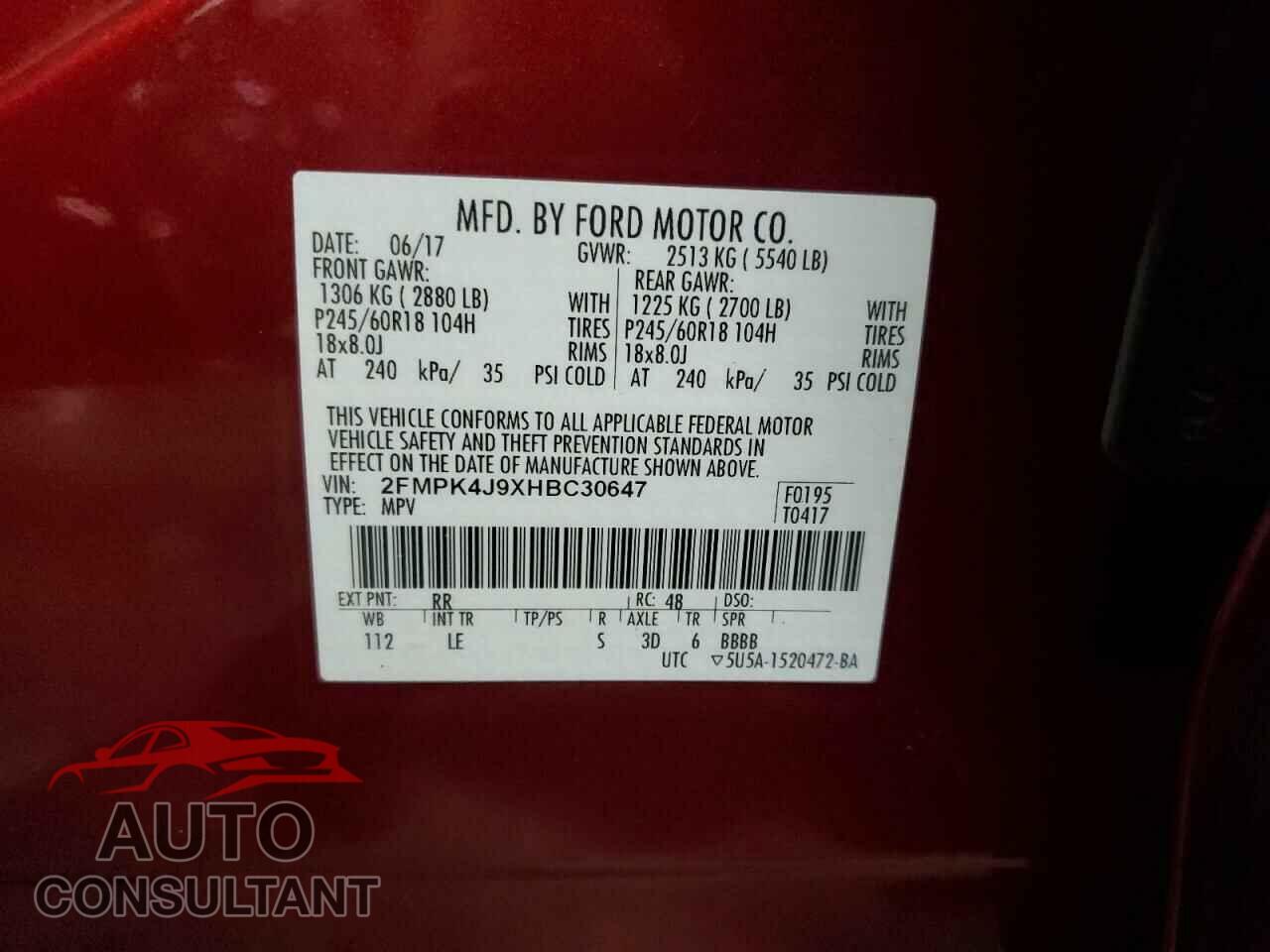 FORD EDGE 2017 - 2FMPK4J9XHBC30647