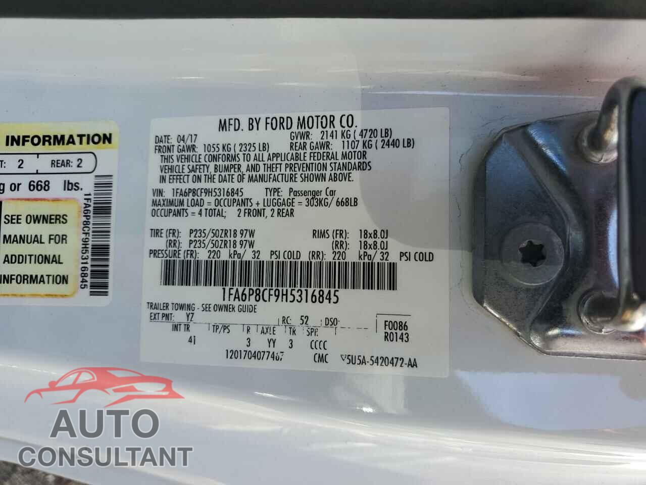 FORD MUSTANG 2017 - 1FA6P8CF9H5316845