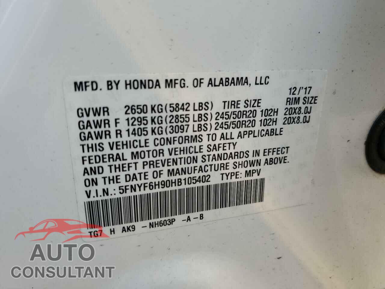 HONDA PILOT 2017 - 5FNYF6H90HB105402