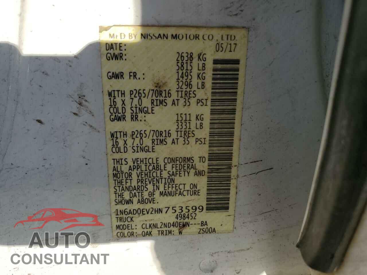 NISSAN FRONTIER 2017 - 1N6AD0EV2HN753599