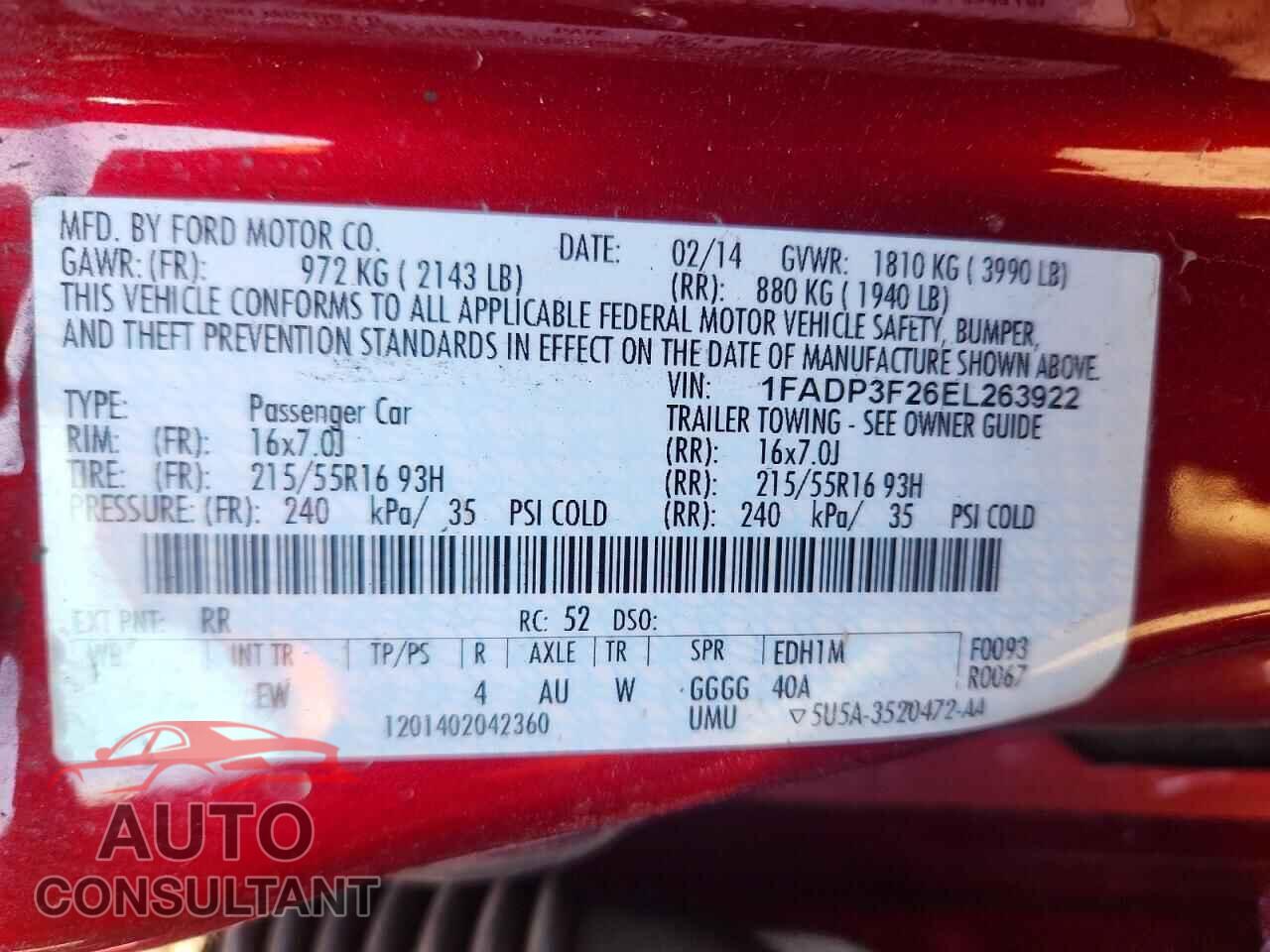 FORD FOCUS 2014 - 1FADP3F26EL263922
