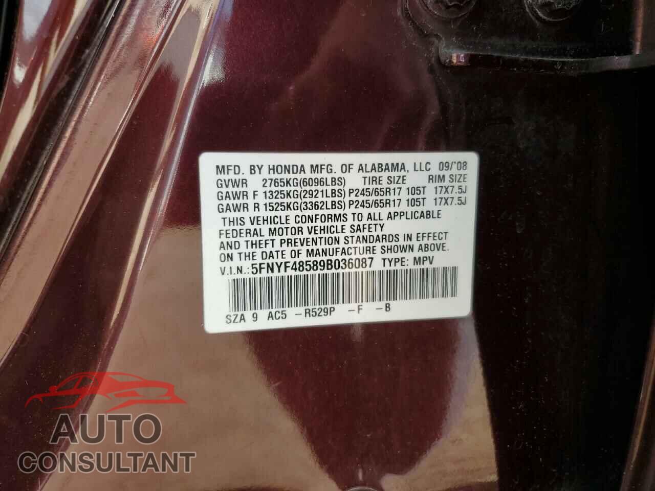 HONDA PILOT 2009 - 5FNYF48589B036087