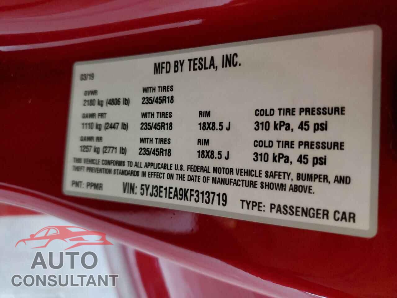 TESLA MODEL 3 2019 - 5YJ3E1EA9KF313719