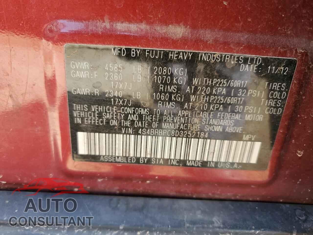 SUBARU OUTBACK 2013 - 4S4BRBPC8D3252184