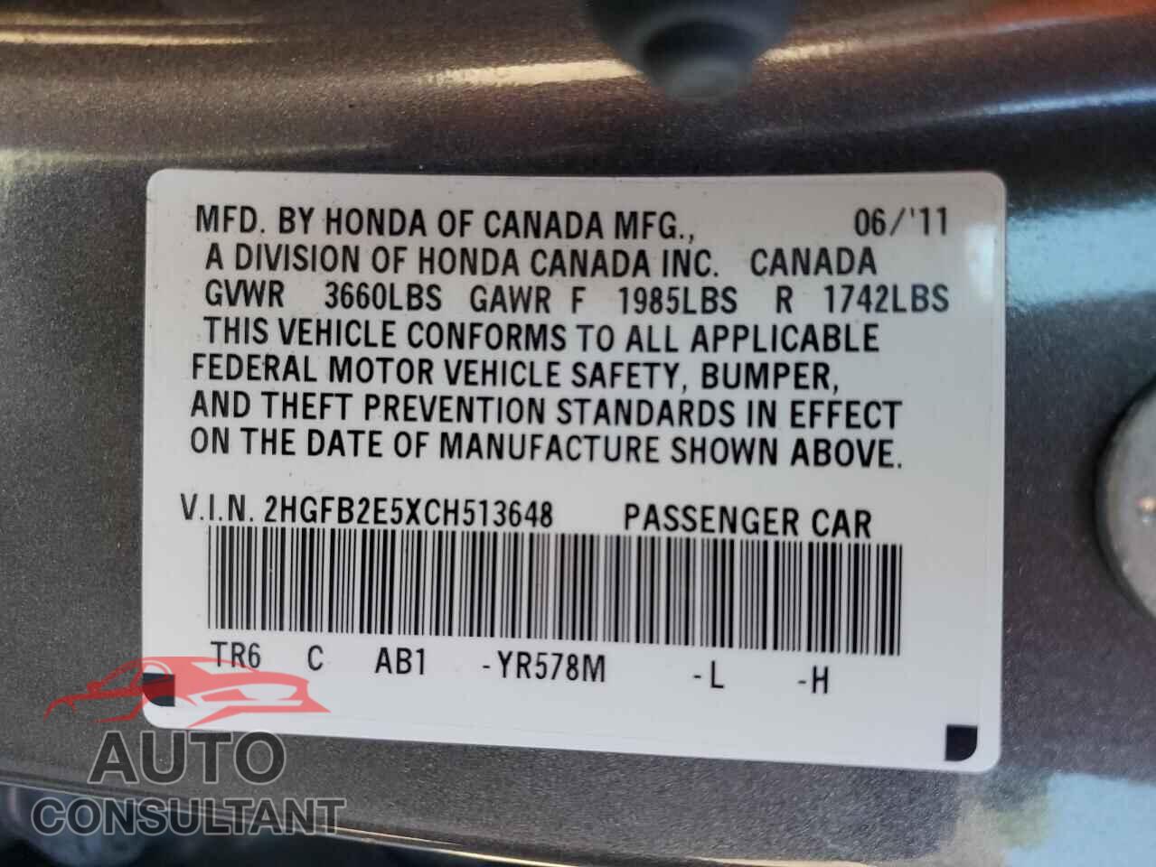 HONDA CIVIC 2012 - 2HGFB2E5XCH513648