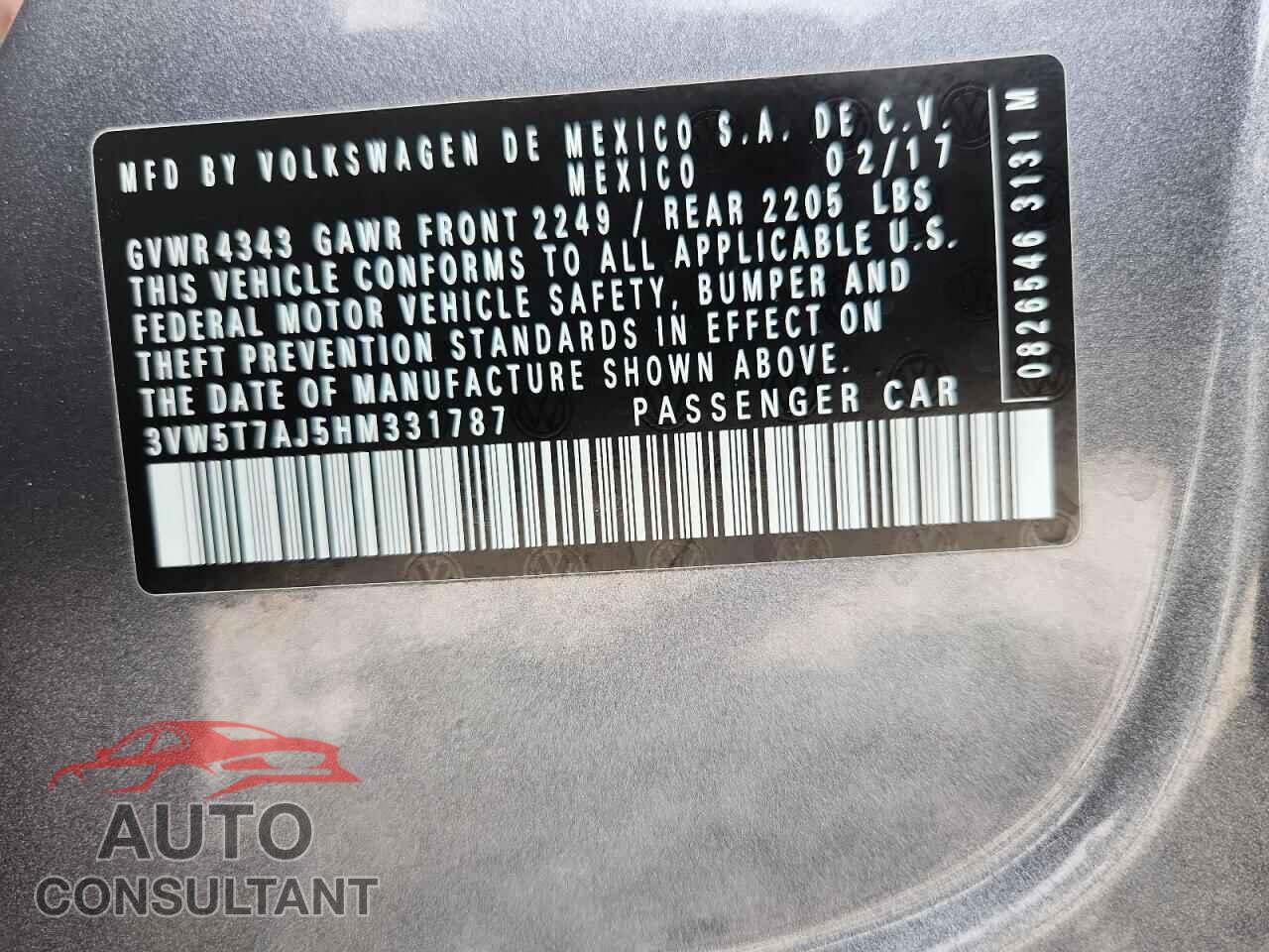 VOLKSWAGEN JETTA 2017 - 3VW5T7AJ5HM331787
