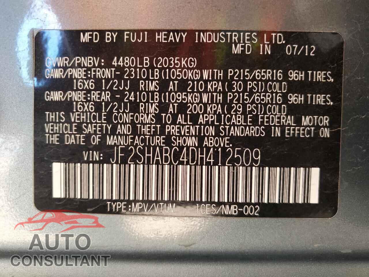 SUBARU FORESTER 2013 - JF2SHABC4DH412509