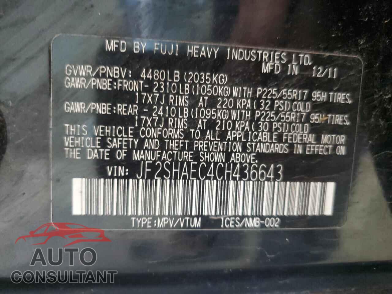 SUBARU FORESTER 2012 - JF2SHAEC4CH436643
