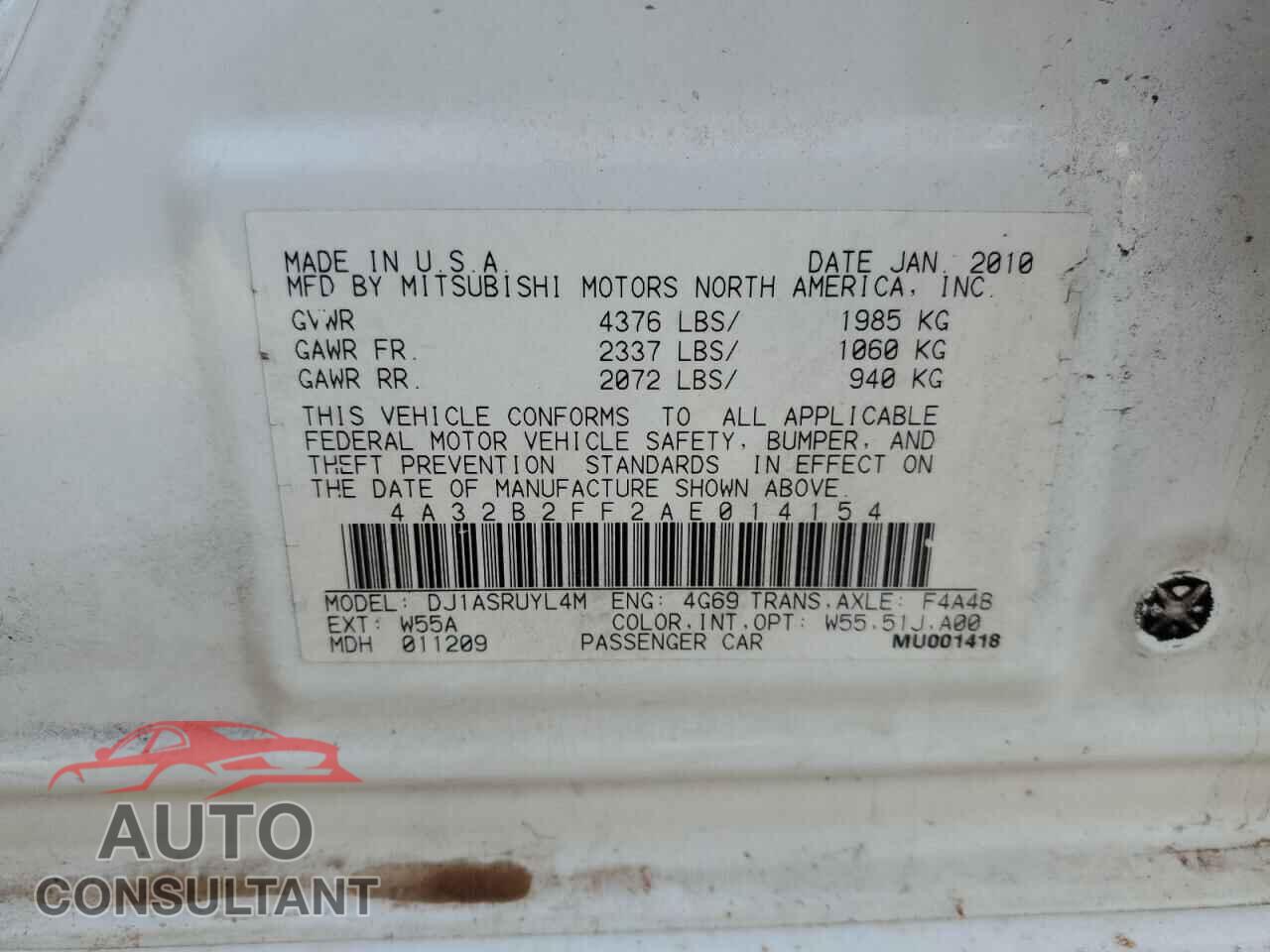 MITSUBISHI GALANT 2010 - 4A32B2FF2AE014154
