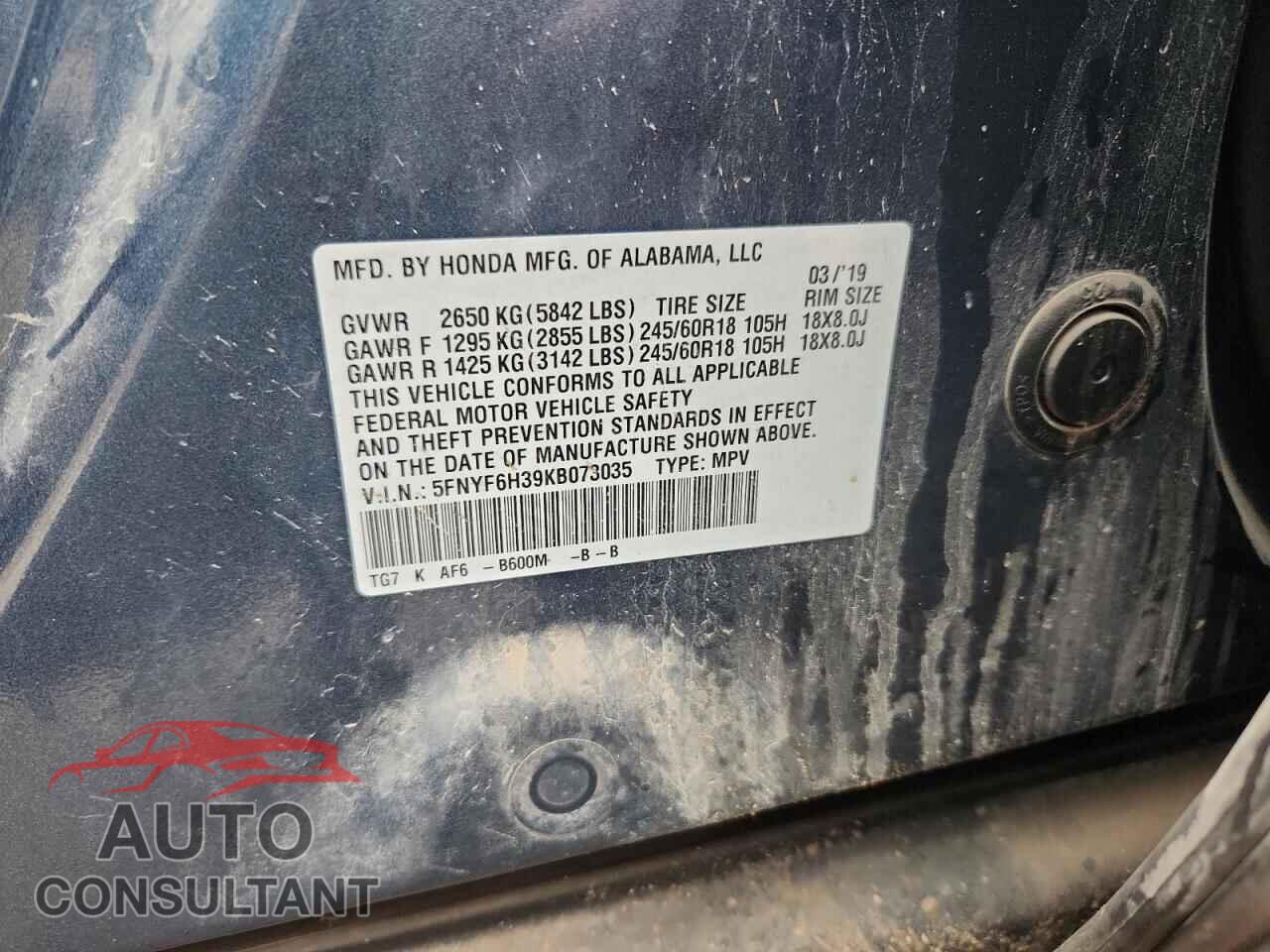 HONDA PILOT 2019 - 5FNYF6H39KB073035