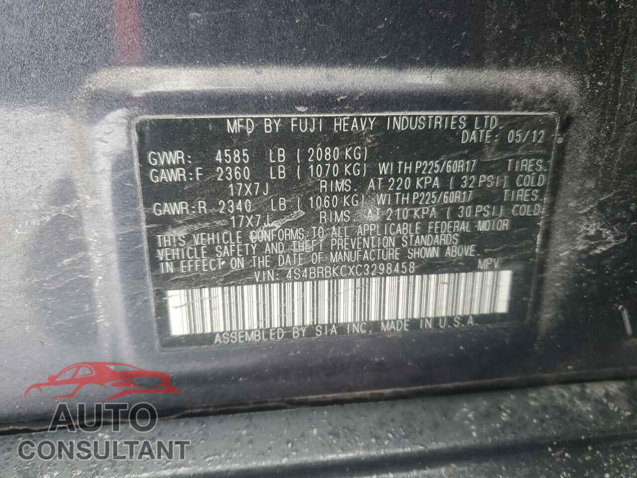 SUBARU OUTBACK 2012 - 4S4BRBKCXC3298458