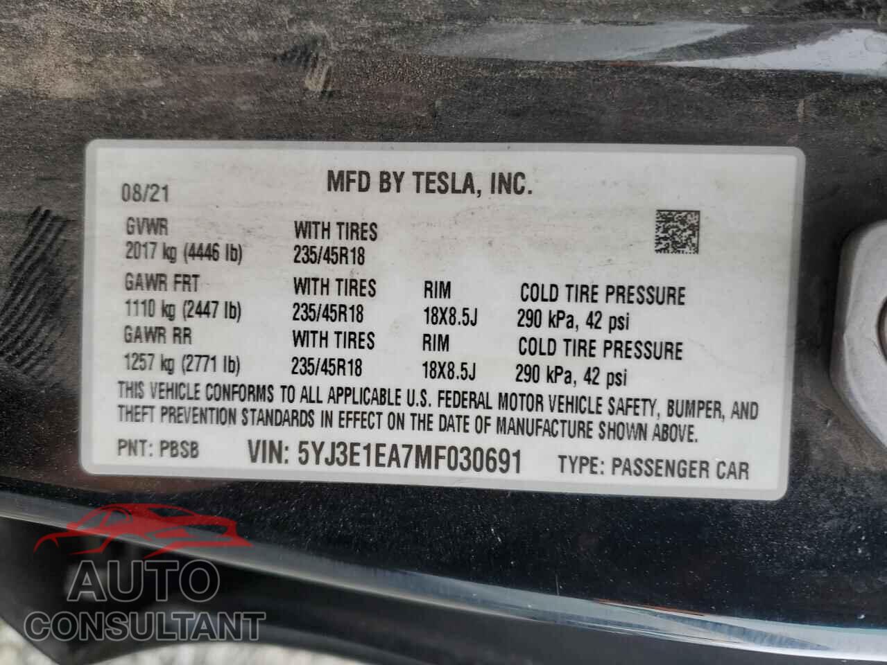 TESLA MODEL 3 2021 - 5YJ3E1EA7MF030691