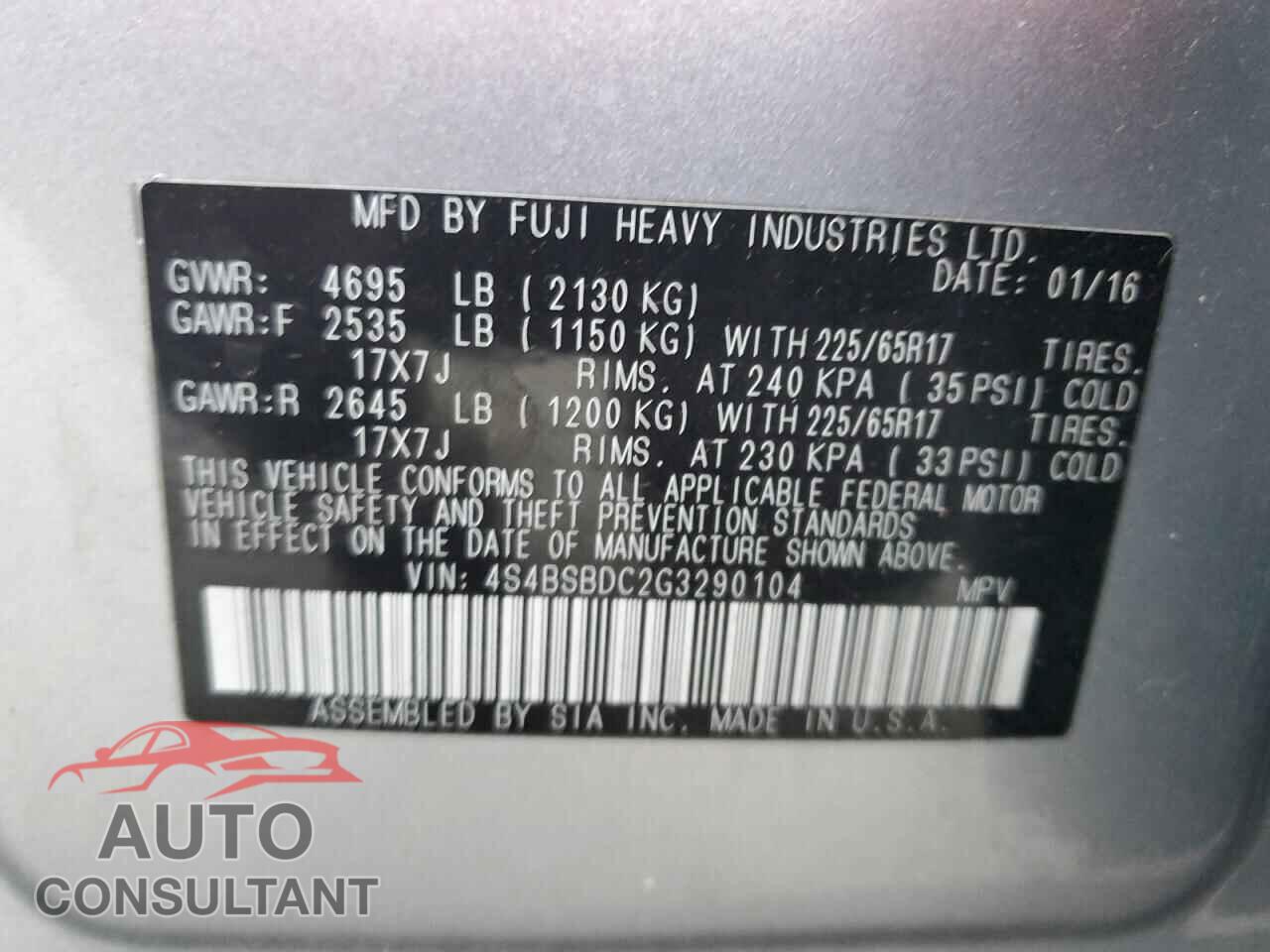 SUBARU OUTBACK 2016 - 4S4BSBDC2G3290104