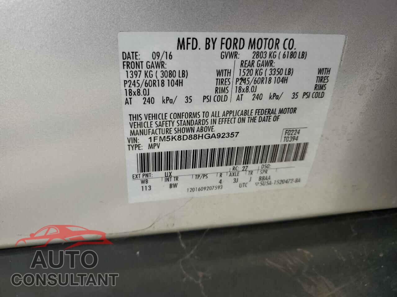 FORD EXPLORER 2017 - 1FM5K8D88HGA92357