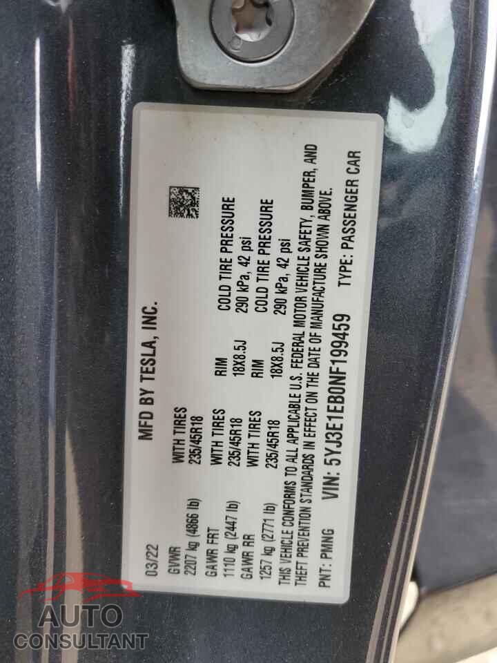 TESLA MODEL 3 2022 - 5YJ3E1EB0NF199459