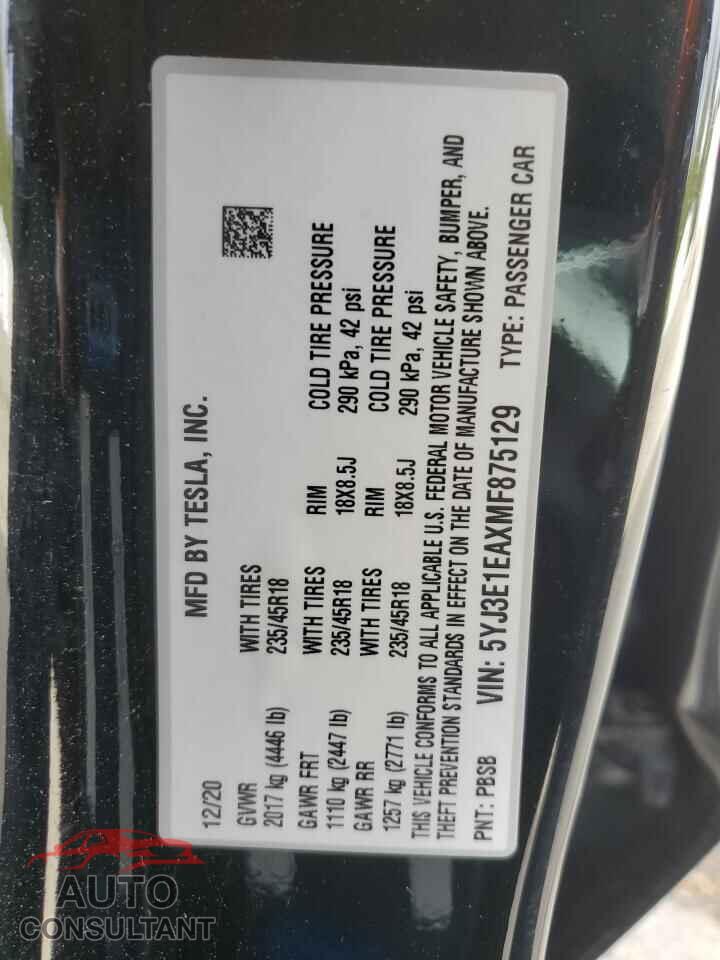 TESLA MODEL 3 2021 - 5YJ3E1EAXMF875129