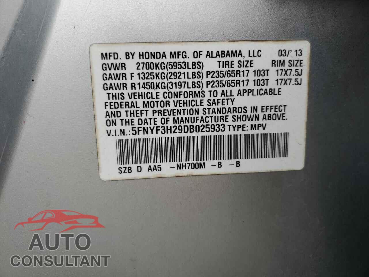 HONDA PILOT 2013 - 5FNYF3H29DB025933