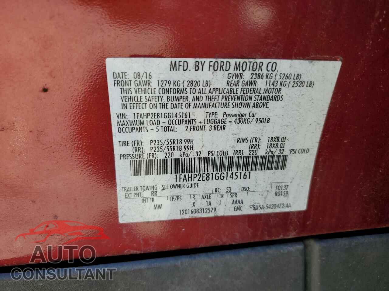 FORD TAURUS 2016 - 1FAHP2E81GG145161