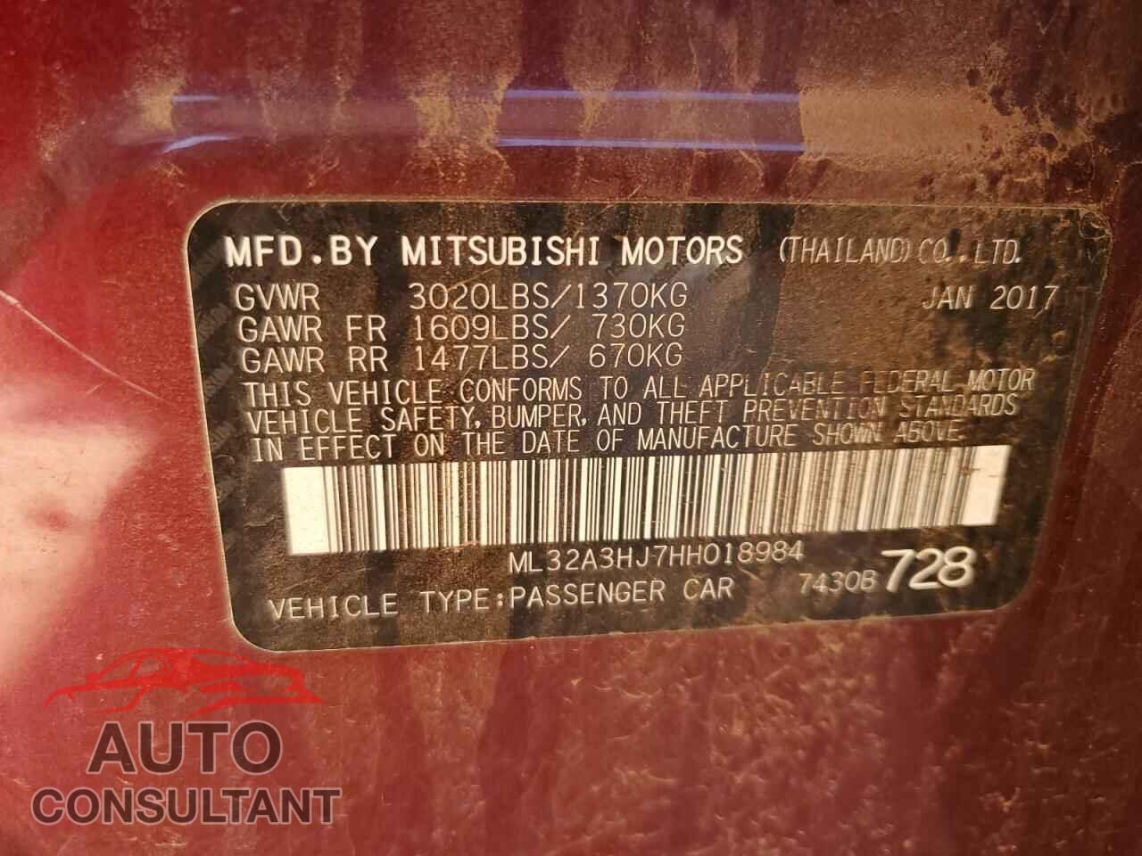 MITSUBISHI MIRAGE 2017 - ML32A3HJ7HH018984