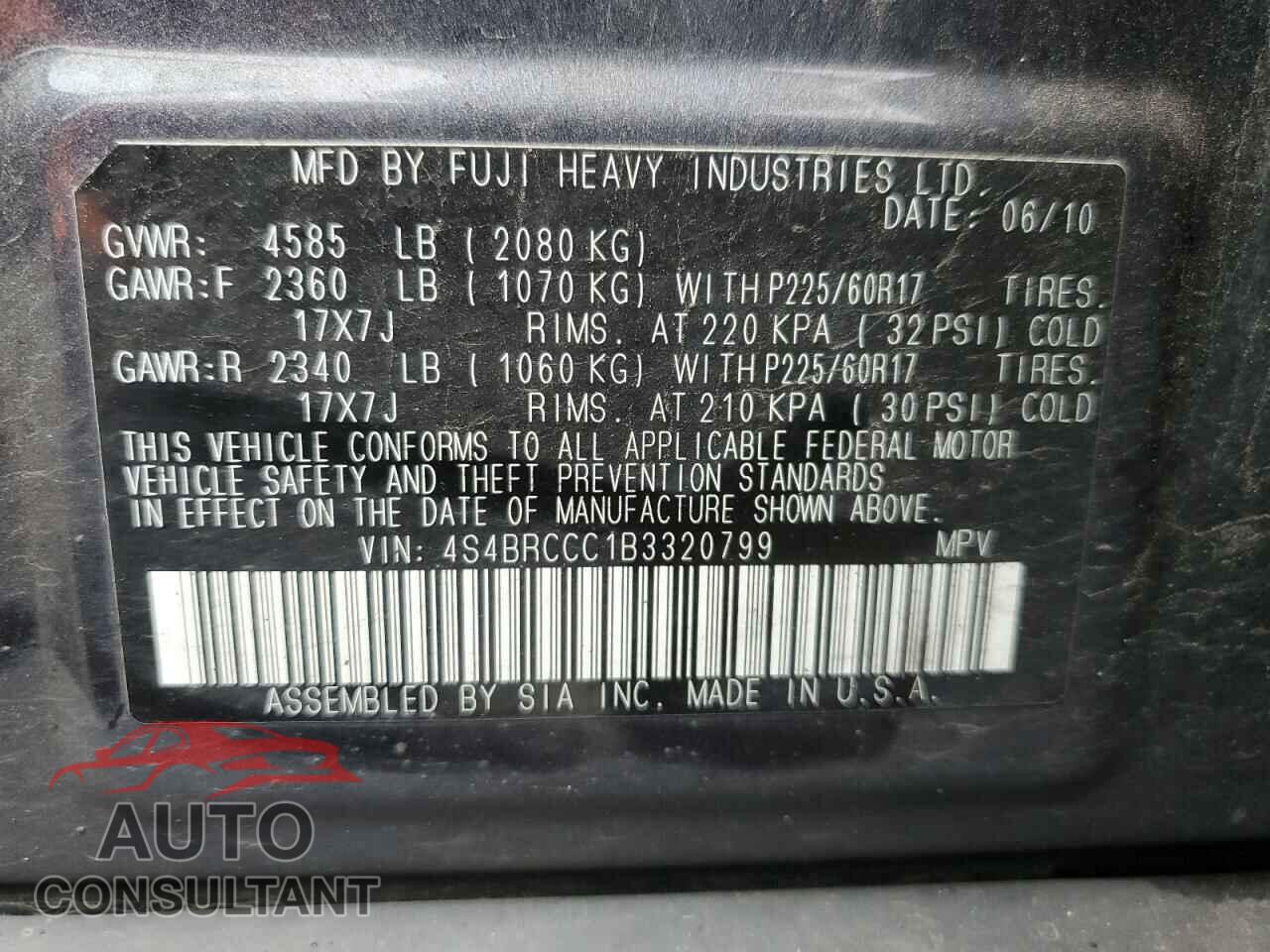 SUBARU OUTBACK 2011 - 4S4BRCCC1B3320799