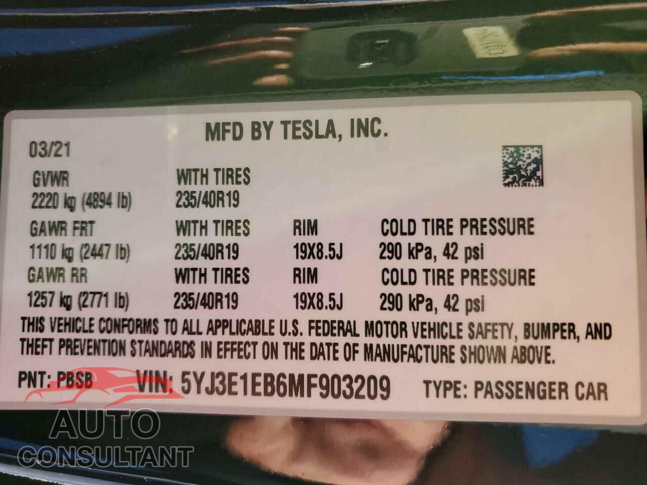 TESLA MODEL 3 2021 - 5YJ3E1EB6MF903209