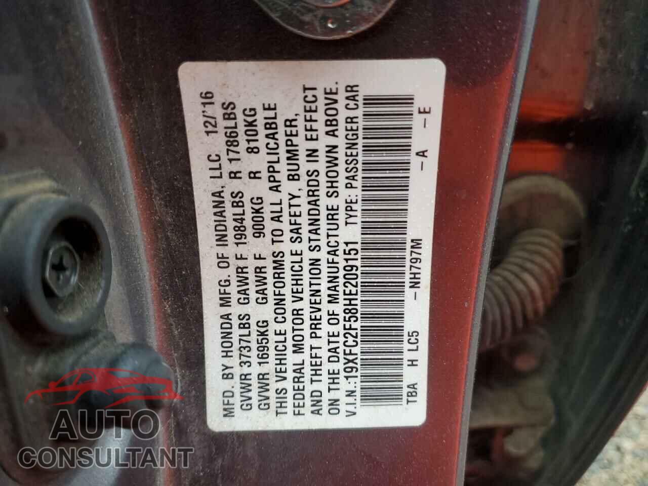 HONDA CIVIC 2017 - 19XFC2F58HE209151