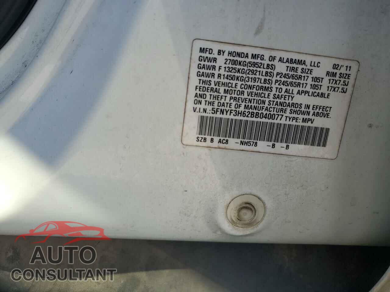 HONDA PILOT 2011 - 5FNYF3H62BB040077