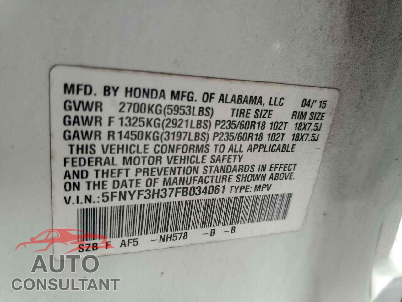 HONDA PILOT 2015 - 5FNYF3H37FB034061