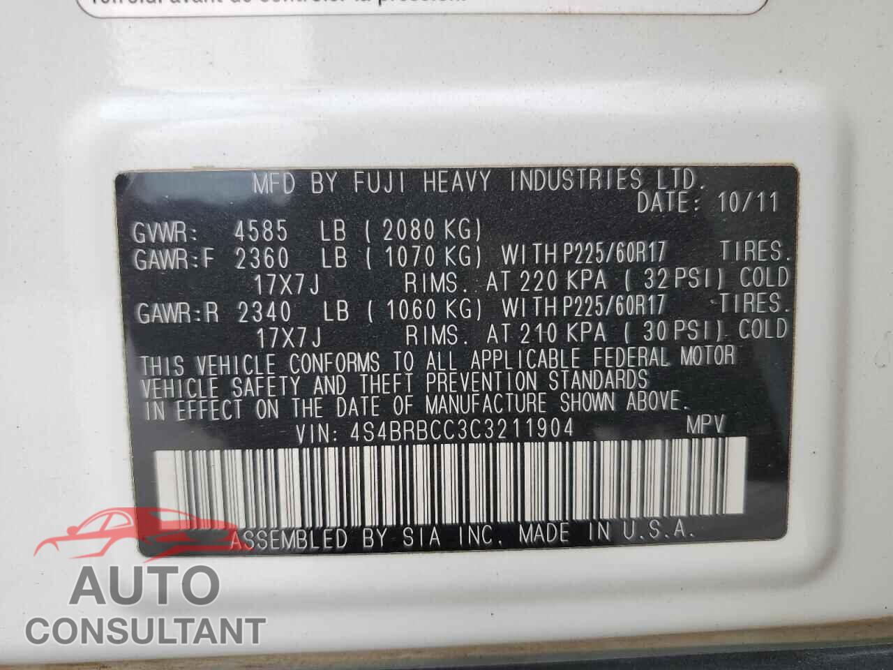 SUBARU OUTBACK 2012 - 4S4BRBCC3C3211904