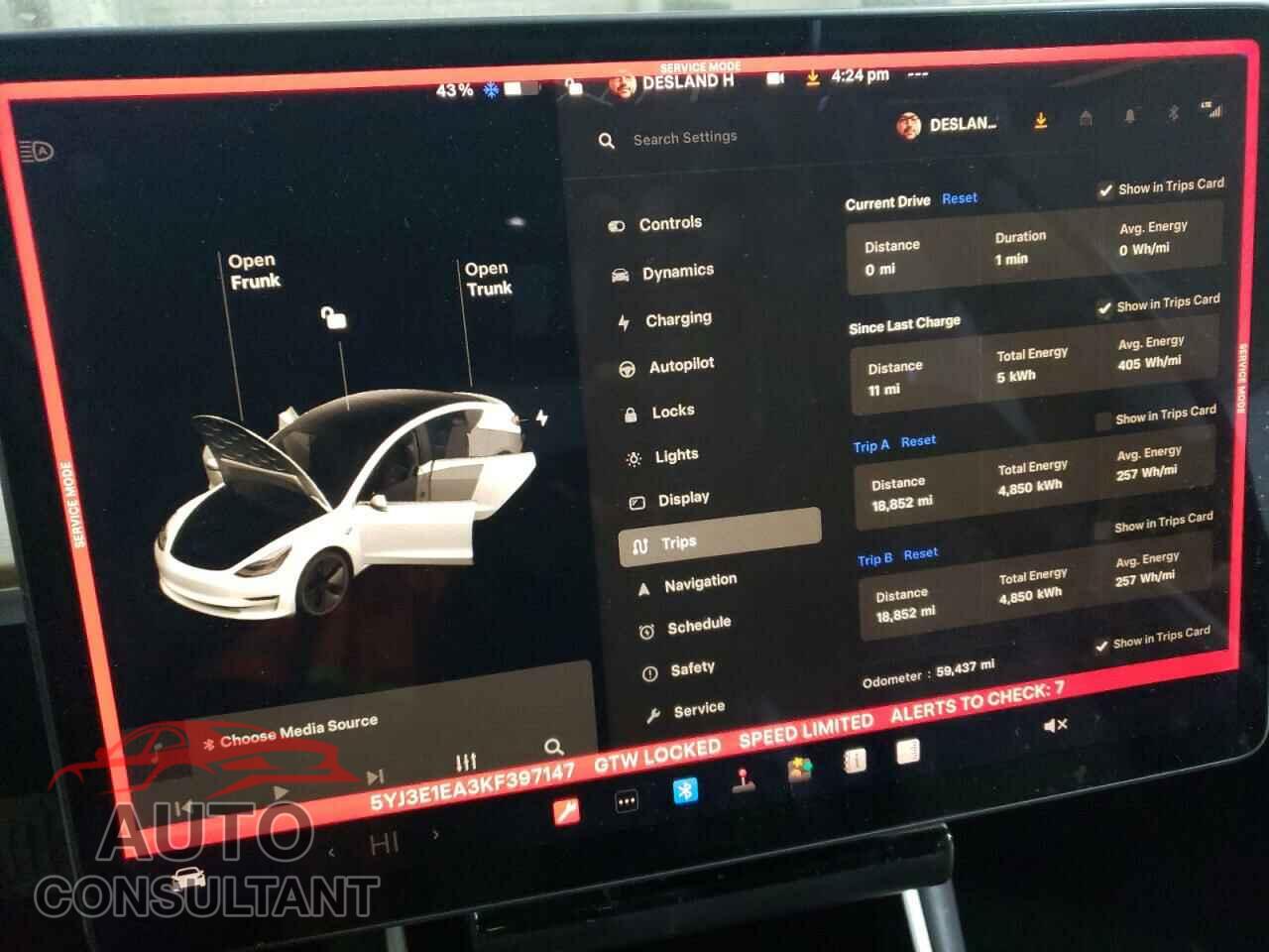 TESLA MODEL 3 2019 - 5YJ3E1EA3KF397147