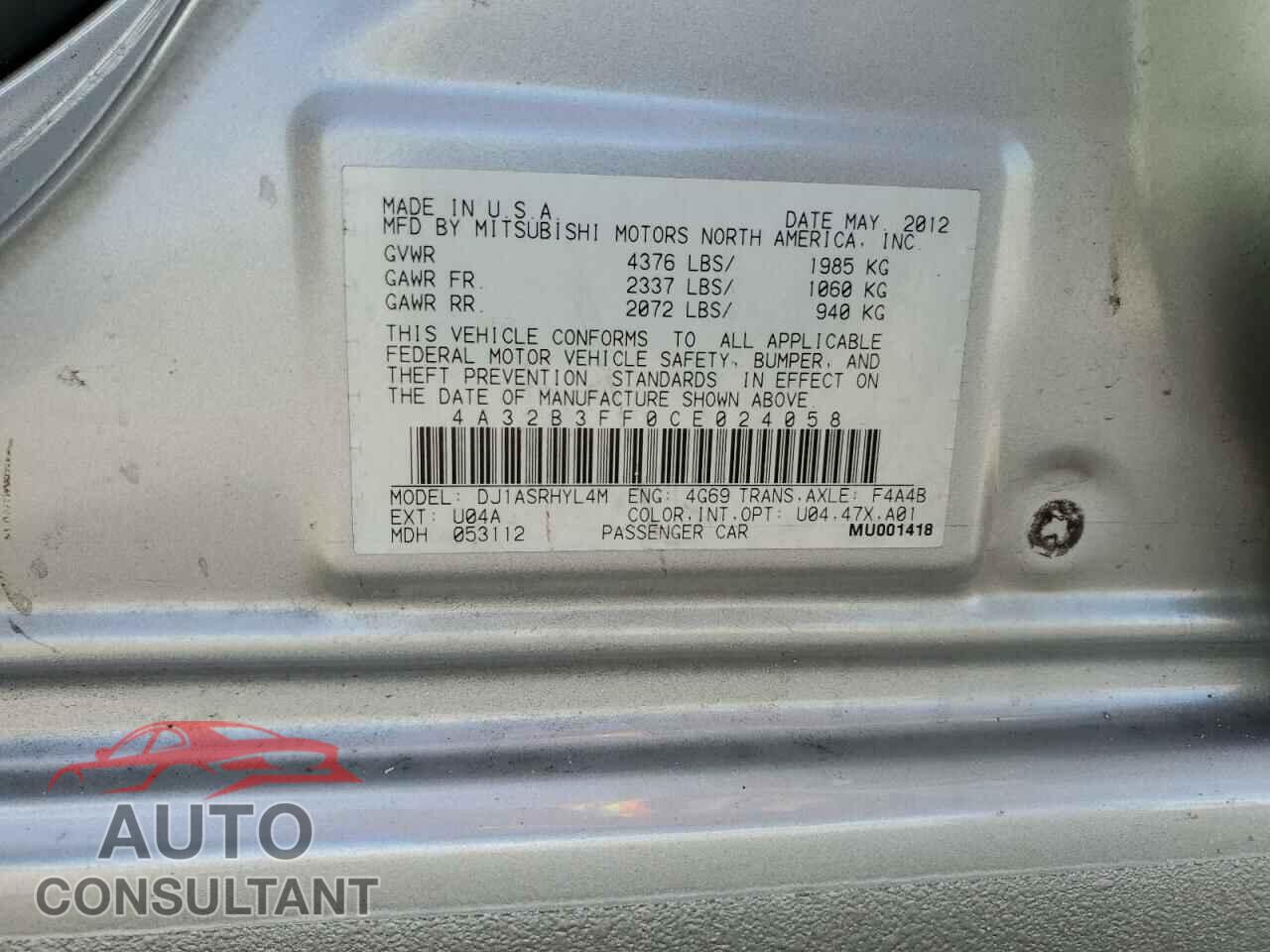 MITSUBISHI GALANT 2012 - 4A32B3FF0CE024058