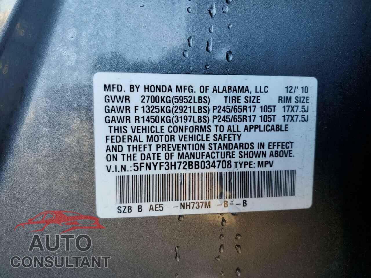 HONDA PILOT 2011 - 5FNYF3H72BB034708