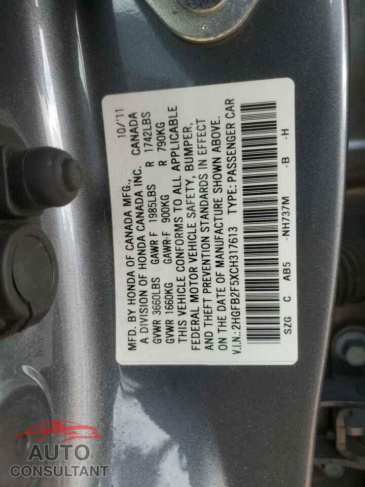 HONDA CIVIC 2012 - 2HGFB2F5XCH317613
