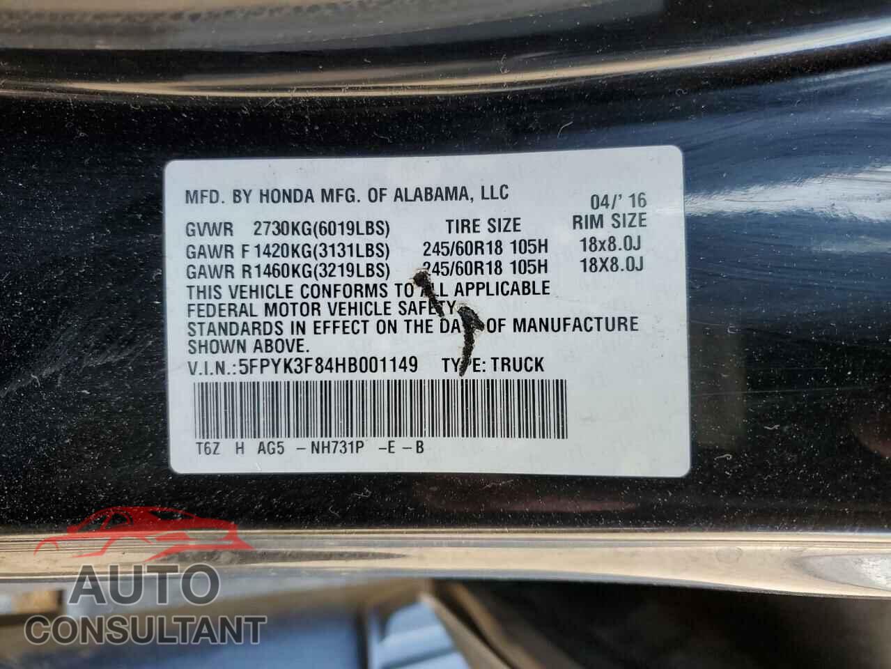 HONDA RIDGELINE 2017 - 5FPYK3F84HB001149