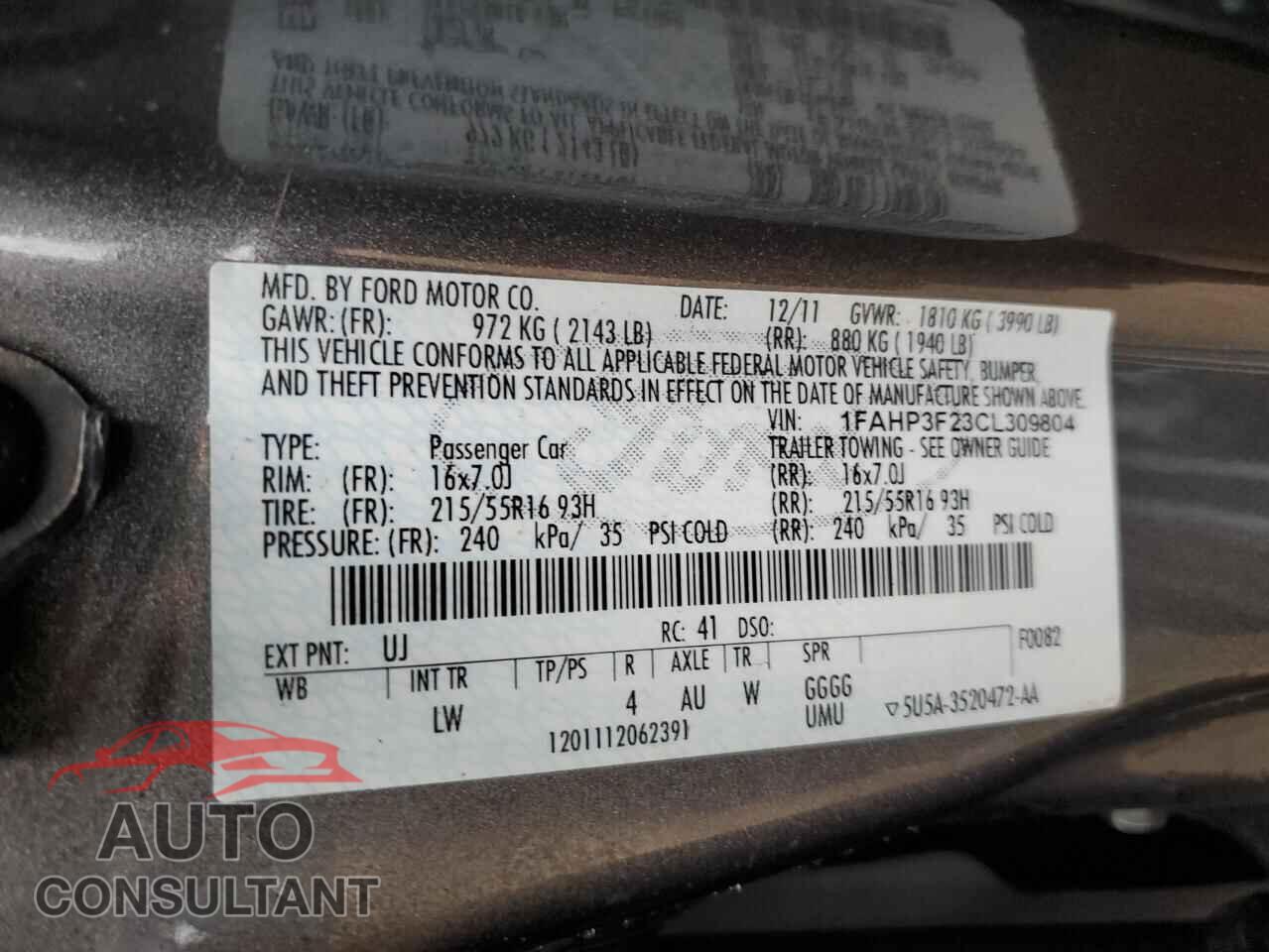 FORD FOCUS 2012 - 1FAHP3F23CL309804