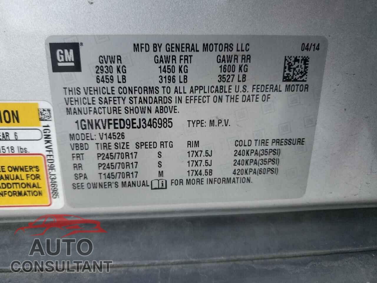 CHEVROLET TRAVERSE 2014 - 1GNKVFED9EJ346985