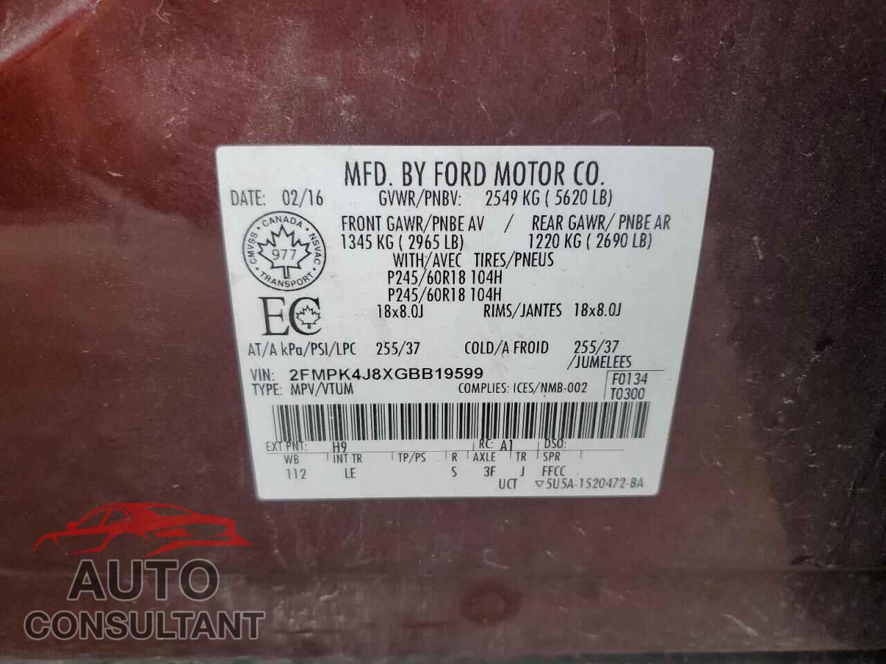 FORD EDGE 2016 - 2FMPK4J8XGBB19599