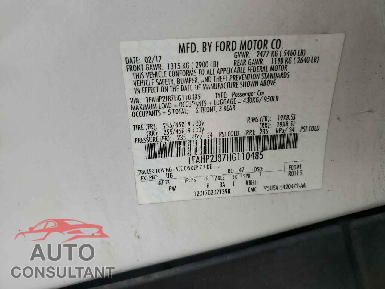 FORD TAURUS 2017 - 1FAHP2J87HG110485