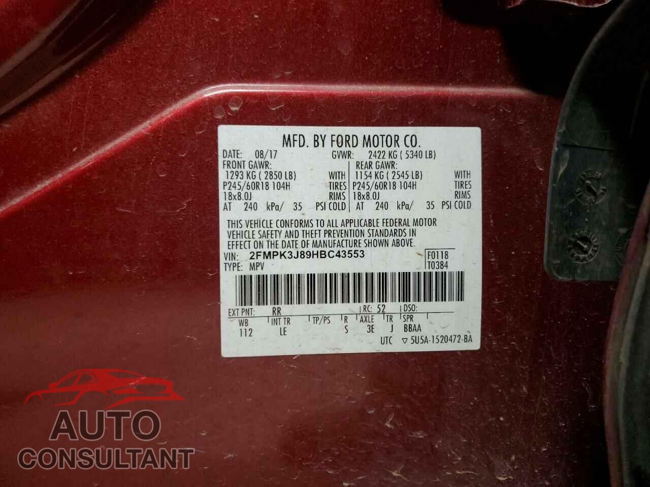 FORD EDGE 2017 - 2FMPK3J89HBC43553