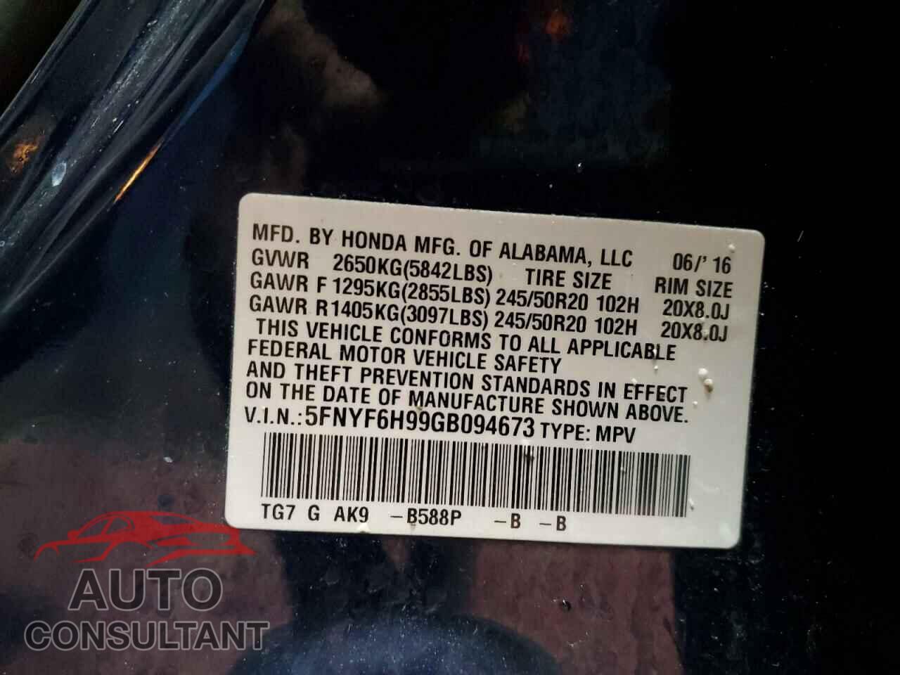 HONDA PILOT 2016 - 5FNYF6H99GB094673