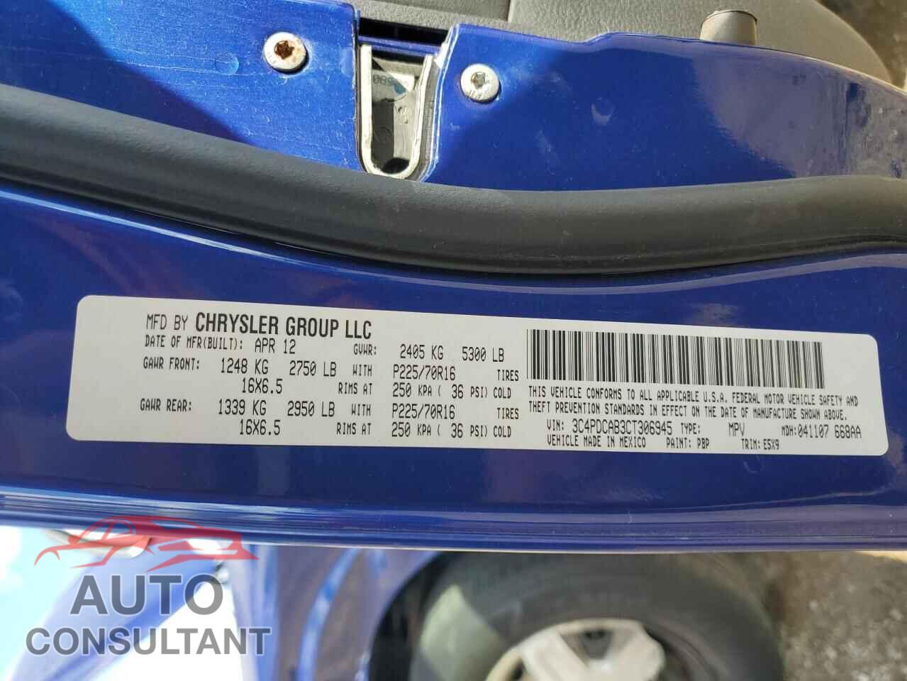 DODGE JOURNEY 2012 - 3C4PDCAB3CT306945