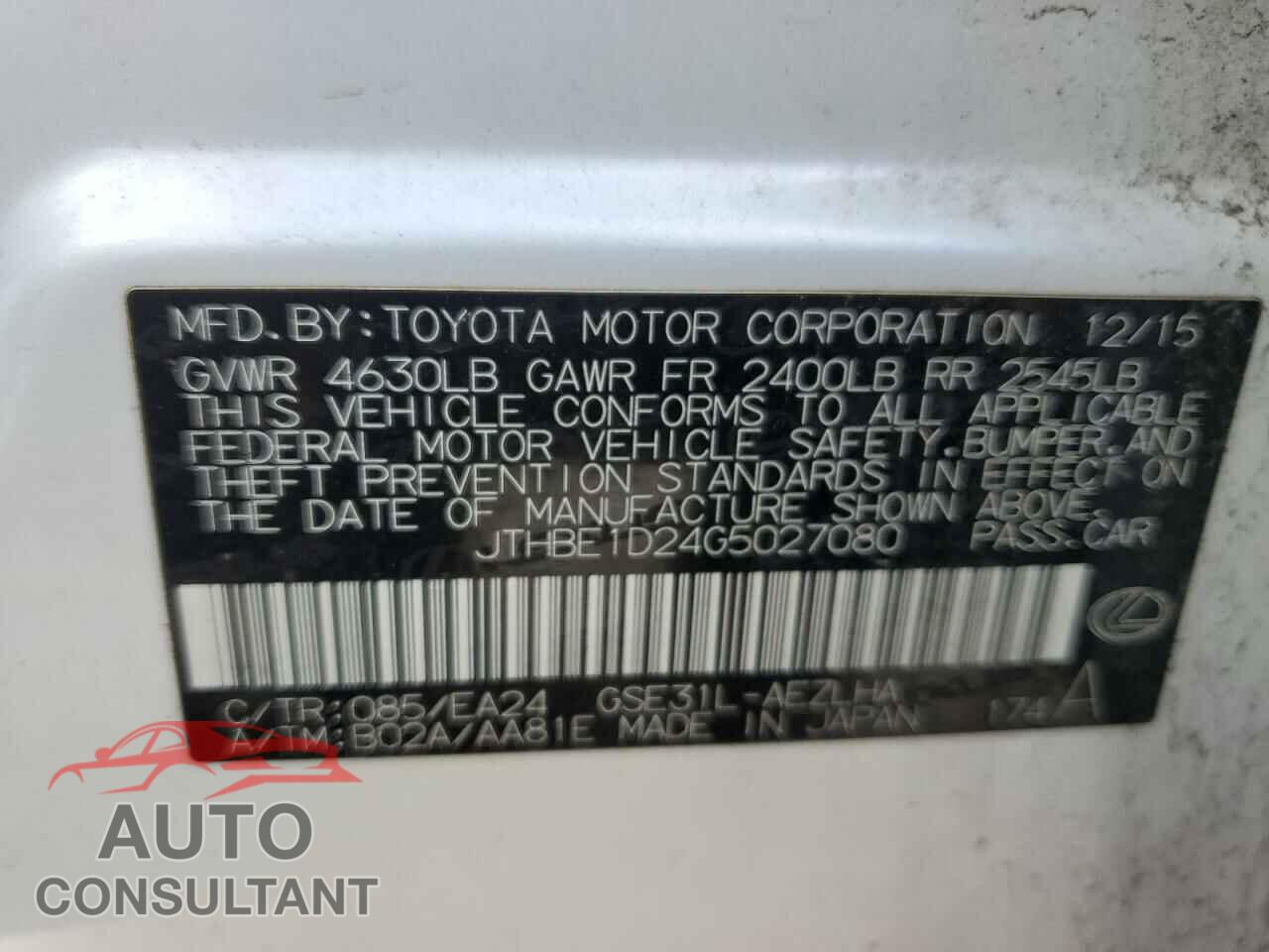 LEXUS IS 2016 - JTHBE1D24G5027080